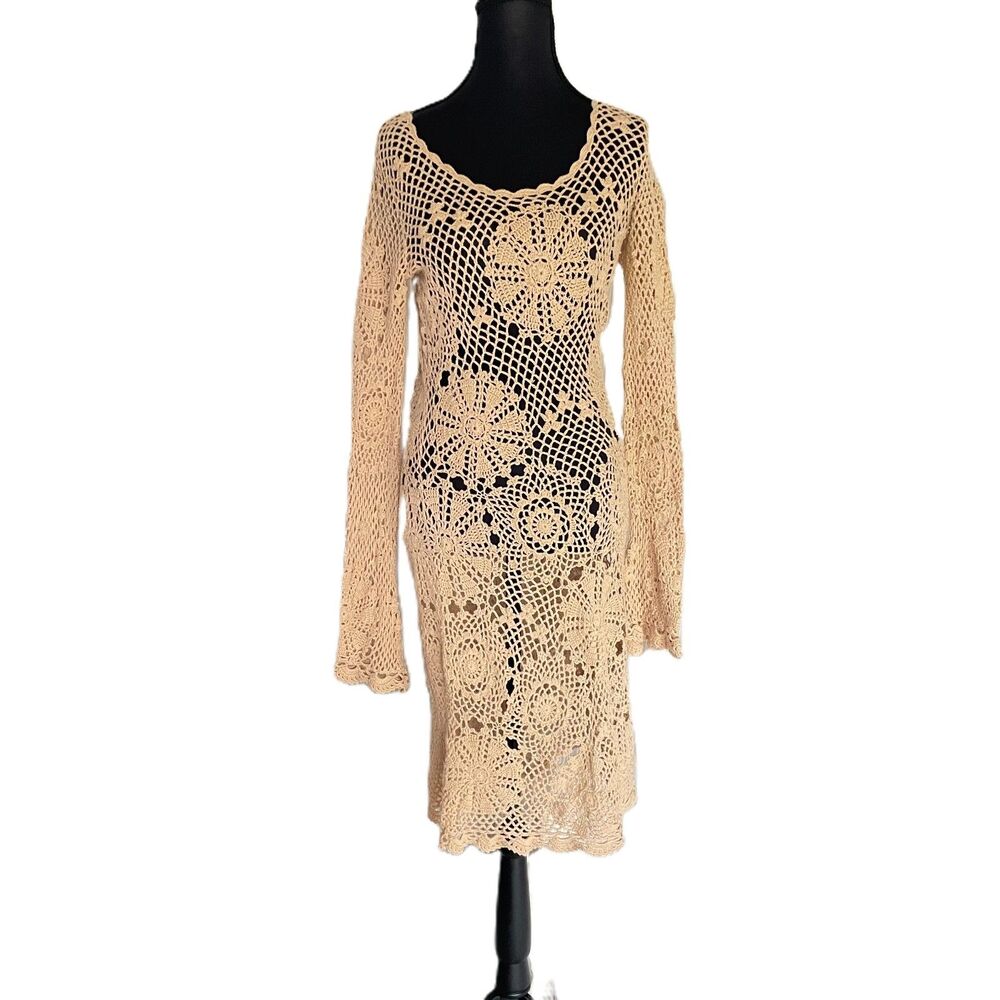 Boston Proper Crochet Floral Dress M Cream Long Bell Sleeve Boho Lace Knit